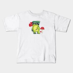 Cute Frog with Leaf Umbrella and Mushrooms Cottagecore Kids T-Shirt